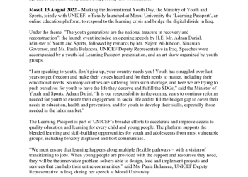 On International Youth Day, the Ministry of Youth and Sports and UNICEF officially launch the ‘Learning Passport’ digital platform to benefit 100,000 young people in Iraq [EN/AR] – Iraq