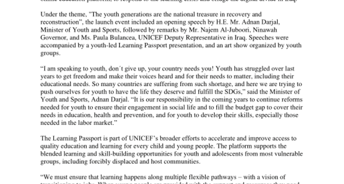 On International Youth Day, the Ministry of Youth and Sports and UNICEF officially launch the ‘Learning Passport’ digital platform to benefit 100,000 young people in Iraq [EN/AR] – Iraq